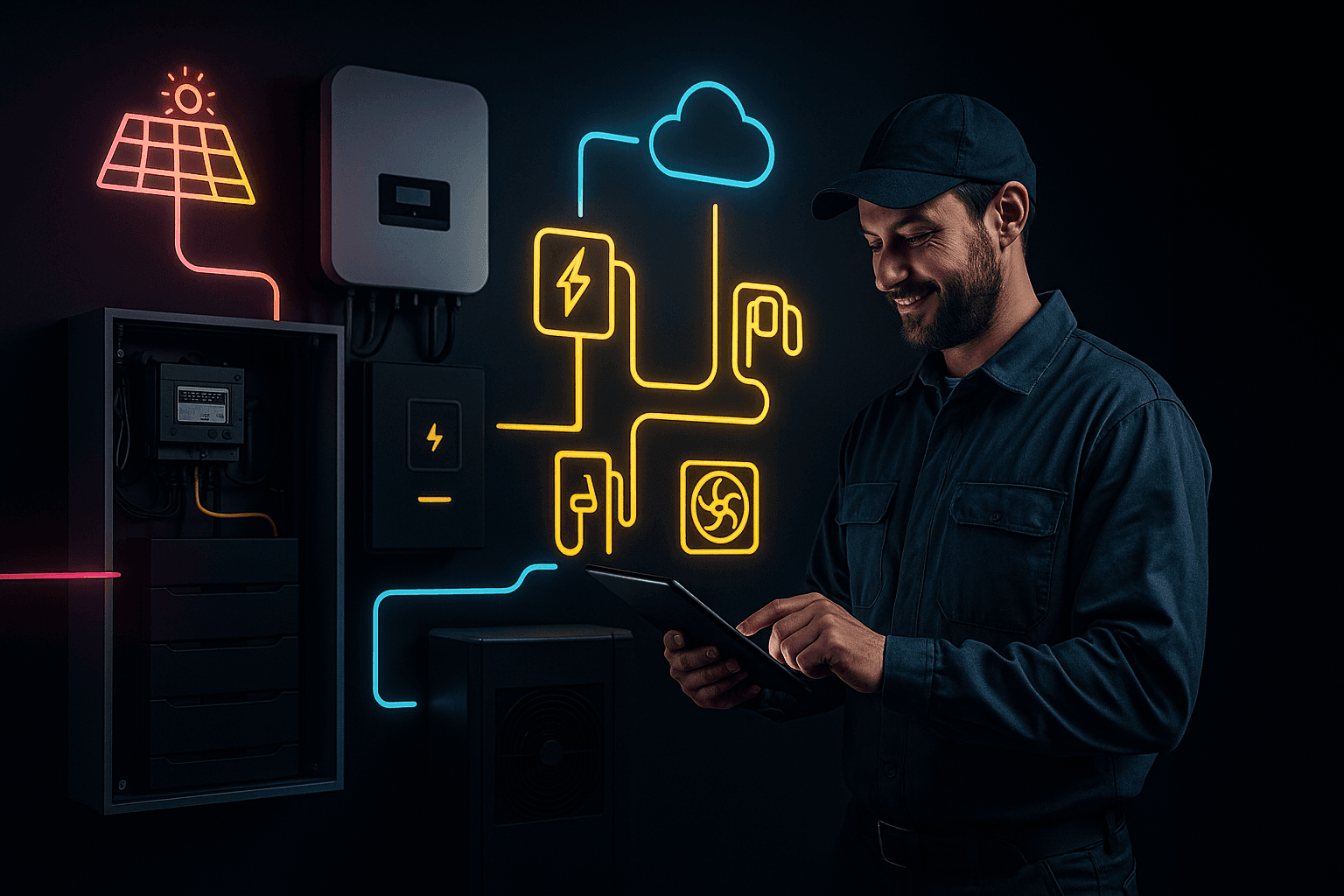Illustration Energieservice: PV, Speicher, Lasten und Datenplattform