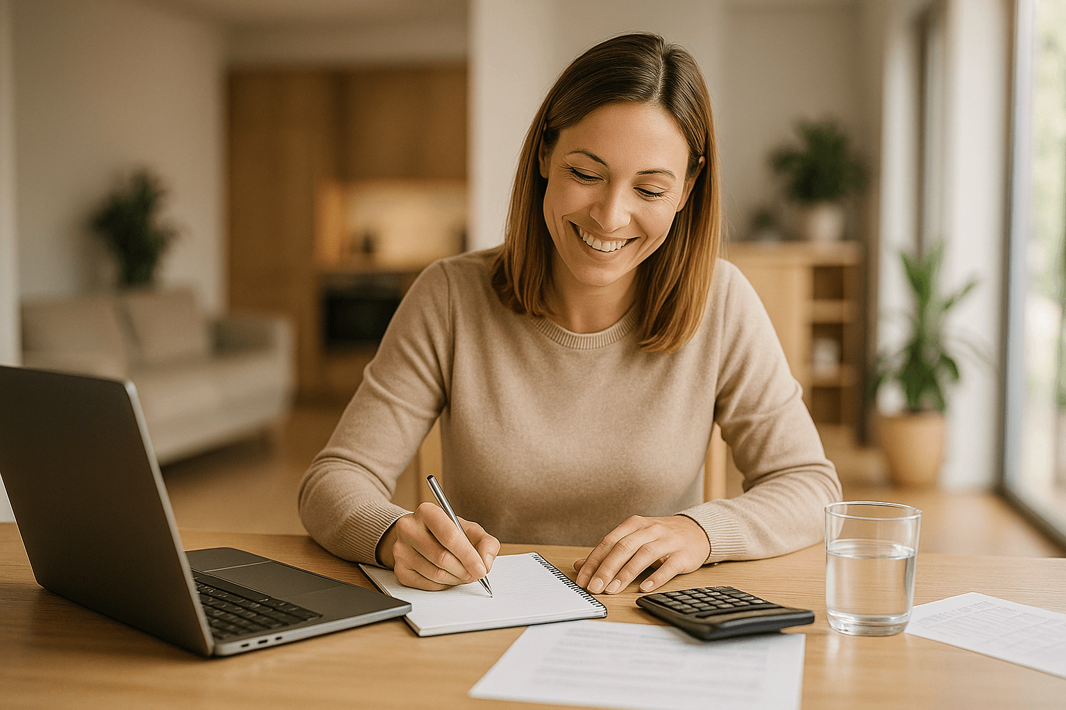 Hausbesitzerin, die entspannt ihre Stromkosten und Unabhängigkeit mit dem Rechner durchgeht.