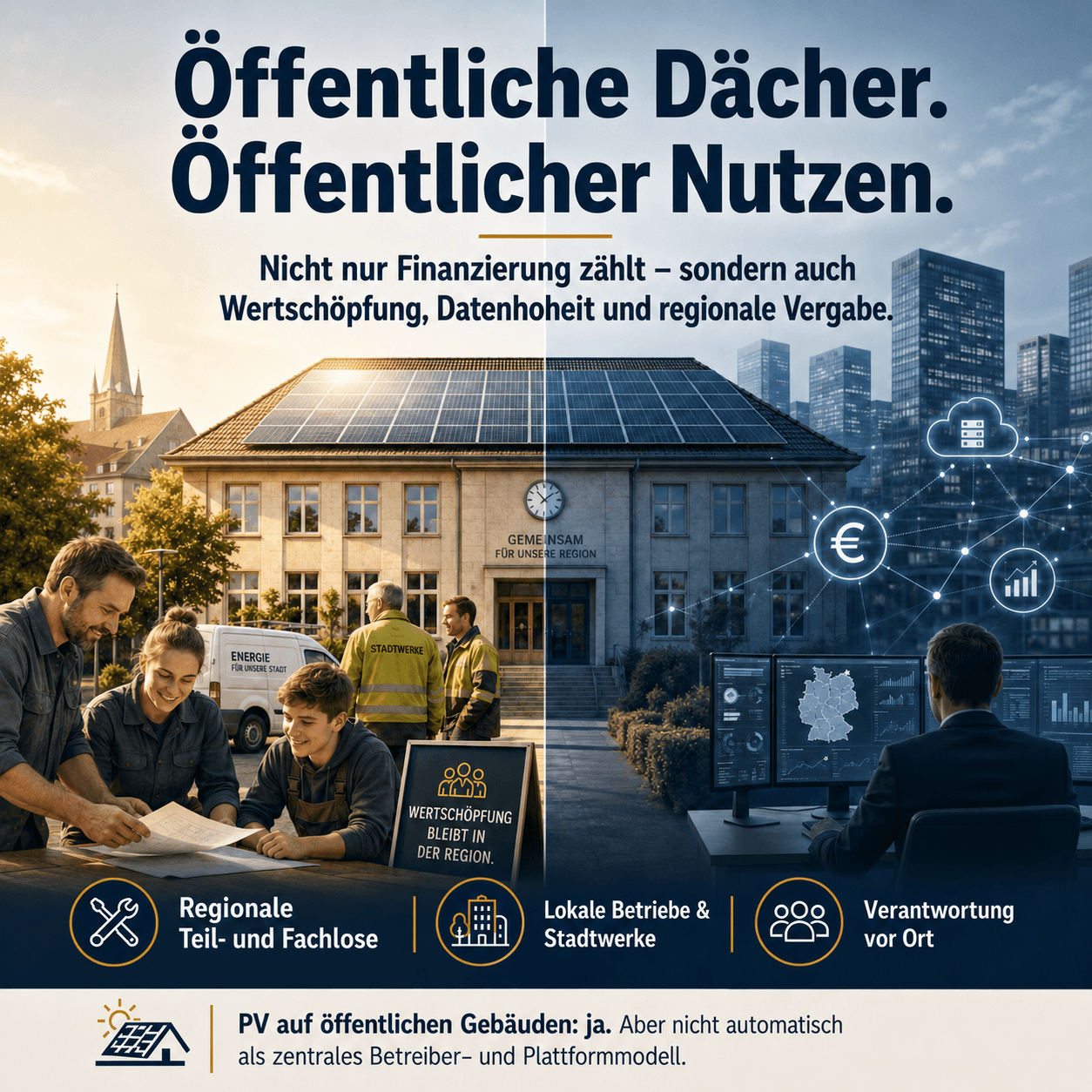 Öffentliches Gebäude mit Photovoltaik, regionalem Handwerk und digitalem Betreibermodell im Vergleich