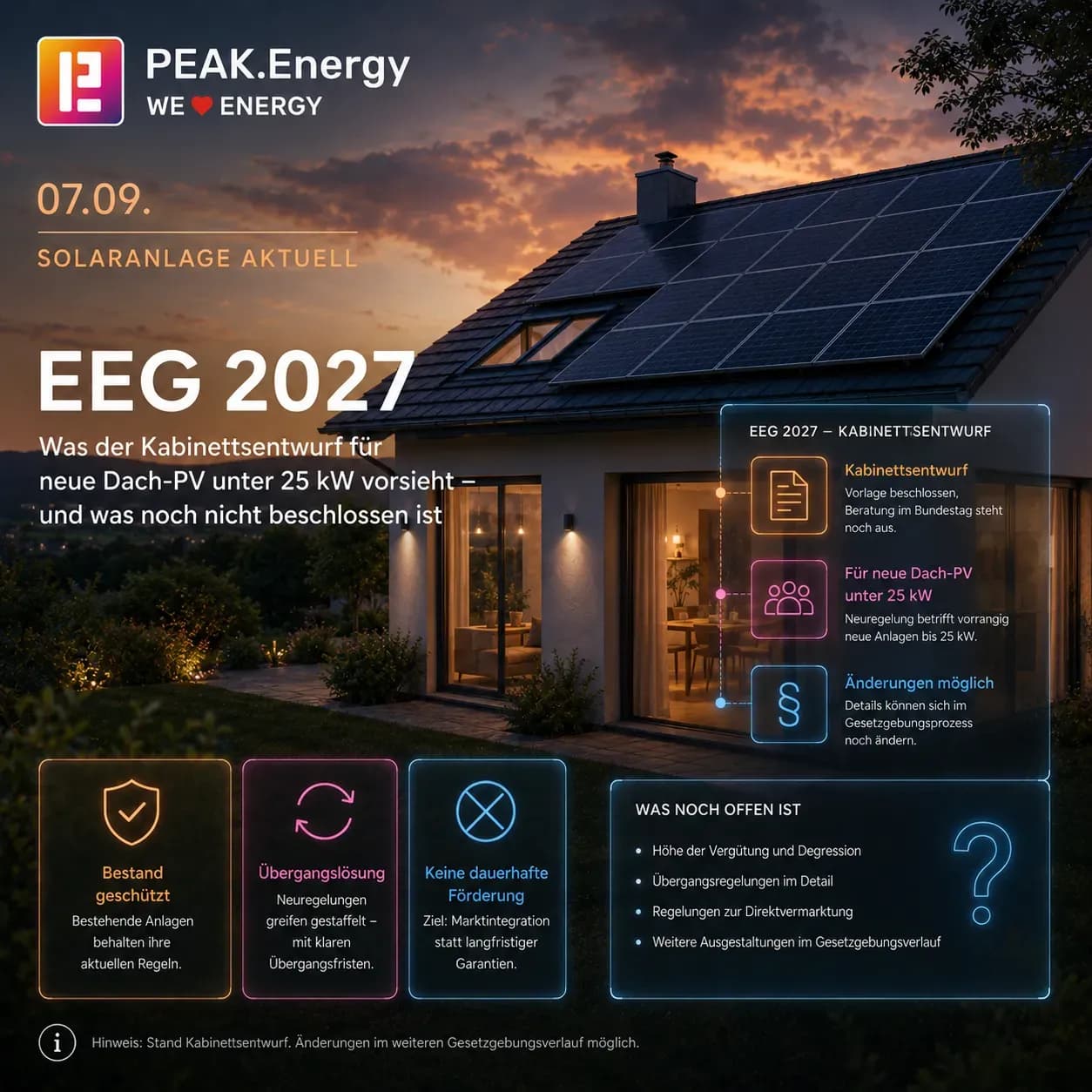 Was der Kabinettsentwurf für neue Dach-PV unter 25 kW vorsieht