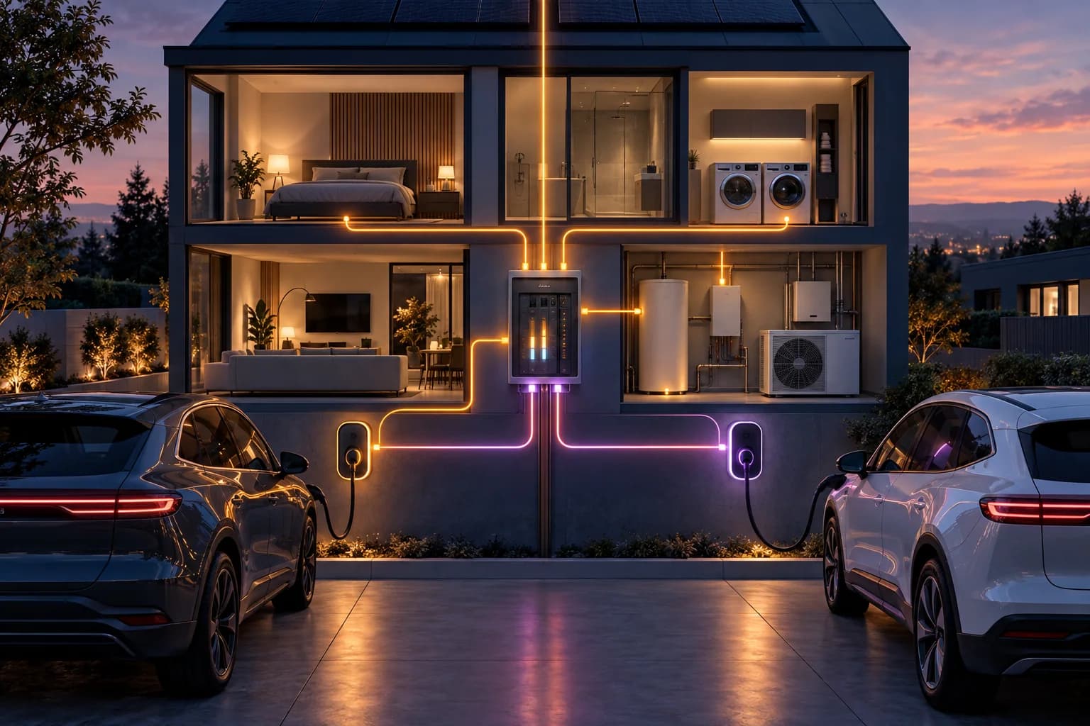 Schnittbild eines Hauses mit zwei E-Autos an zwei Wallboxen, die Leistung wird im Zählerschrank verteilt