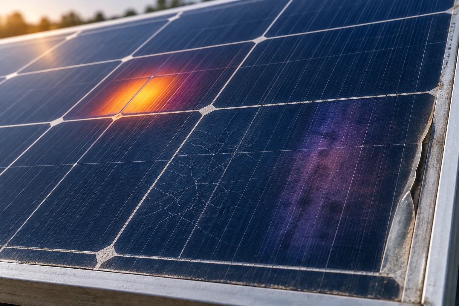 Nahaufnahme eines gealterten PV-Moduls mit Hotspot, Mikrorissen und Verfärbungen