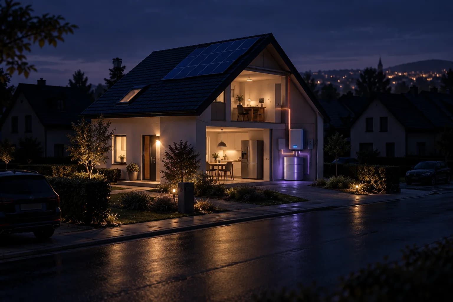 Einfamilienhaus mit Solaranlage und Stromspeicher bei Nacht, einzelne Räume beleuchtet